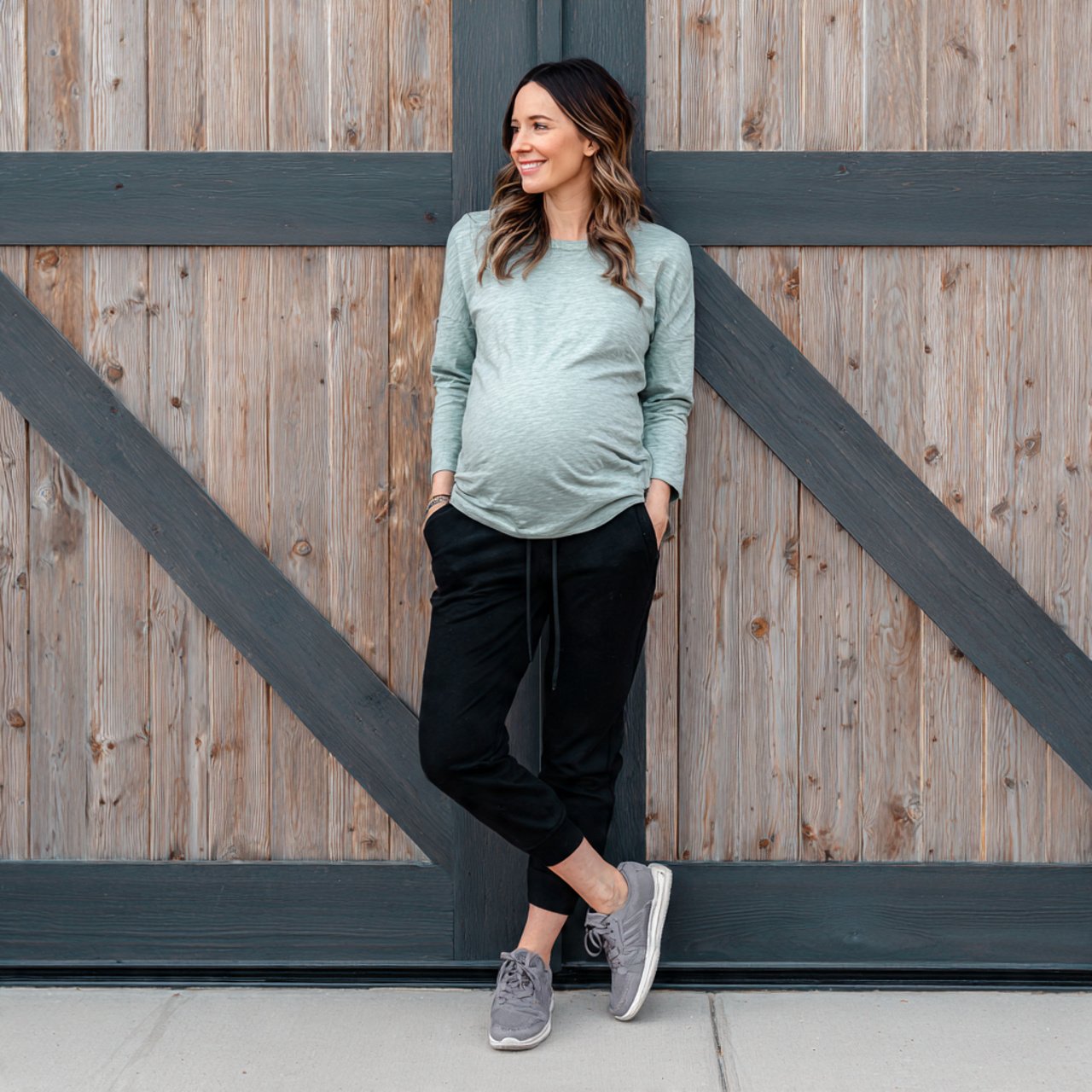 maternity joggers with a fitted long sleeve topcas