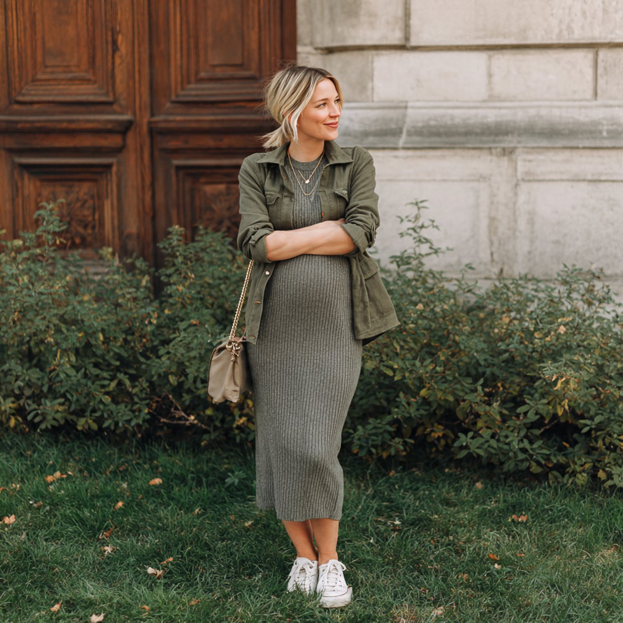 maxi knit dress with a utility shirt jacketcasual