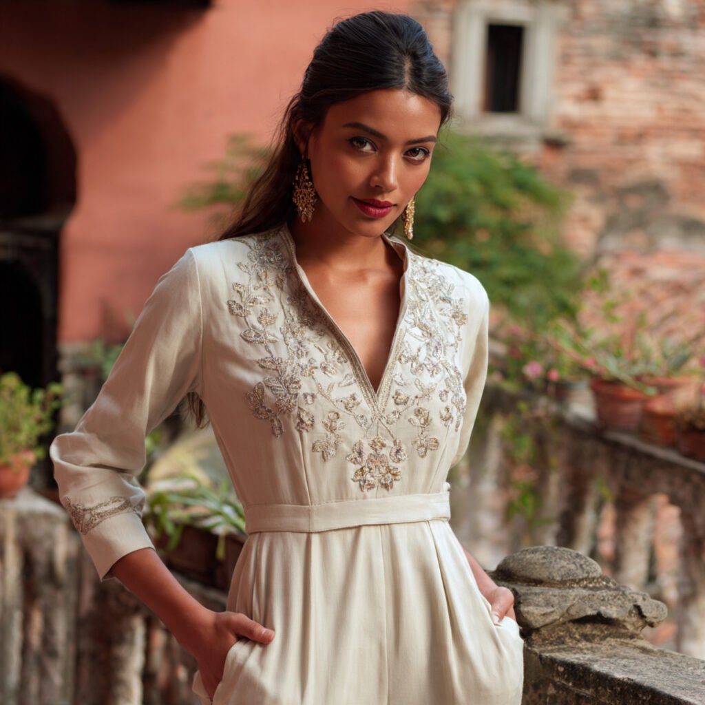 minimal embroidered jumpsuit with ethnic detailsla