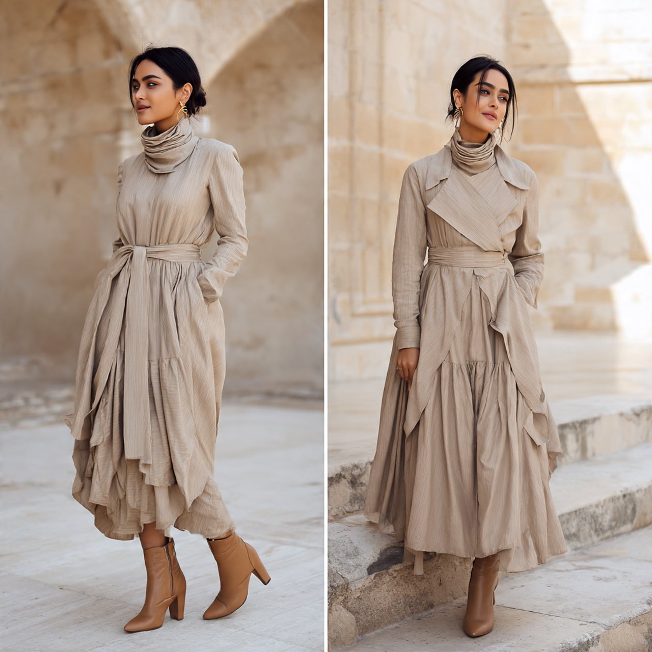 monochrome beige dress look with tonal layersweste