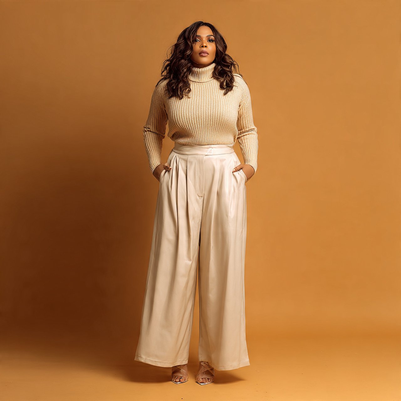 monochrome beige knit top with wide leg trouserswe