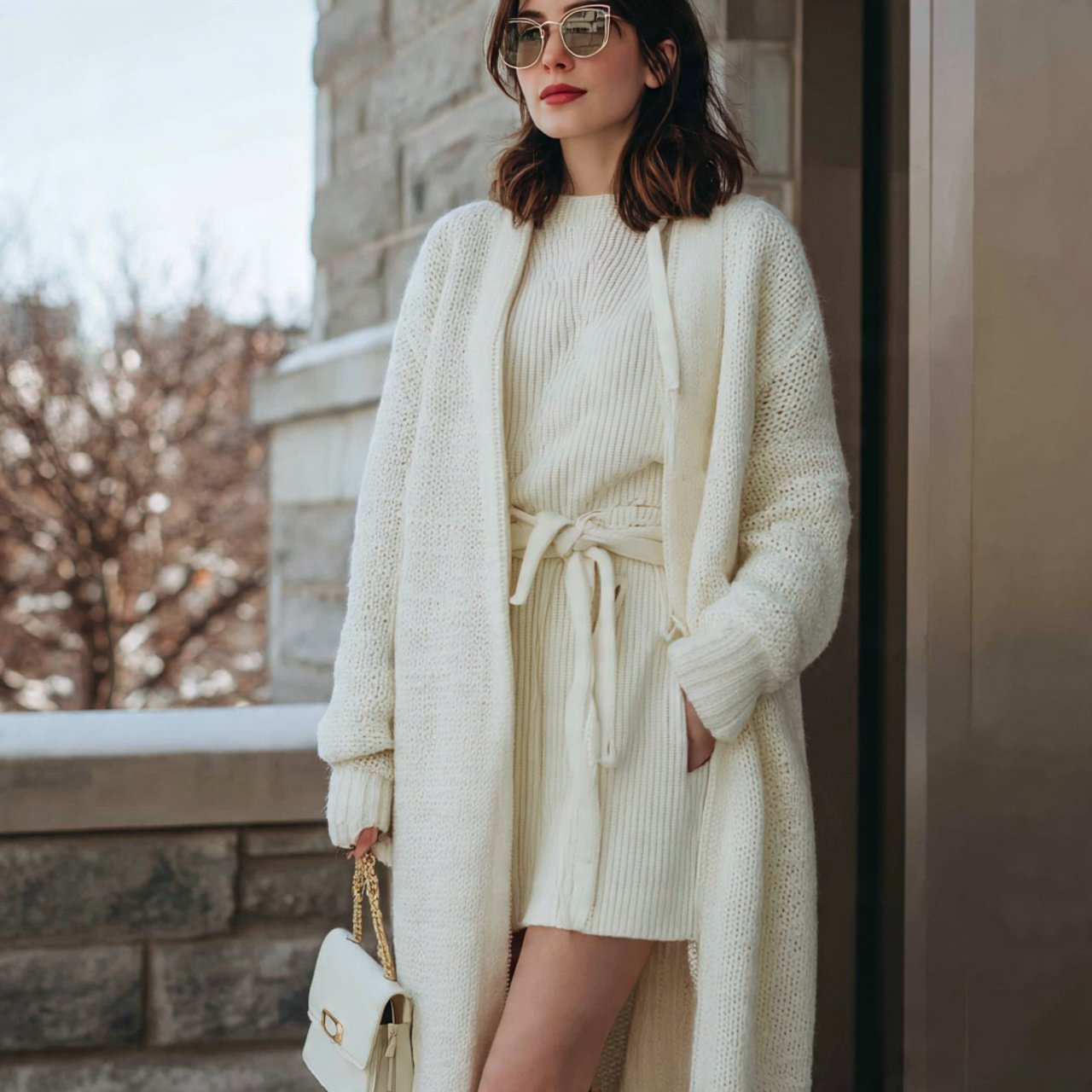 monochrome knit set with a long coatdate night out