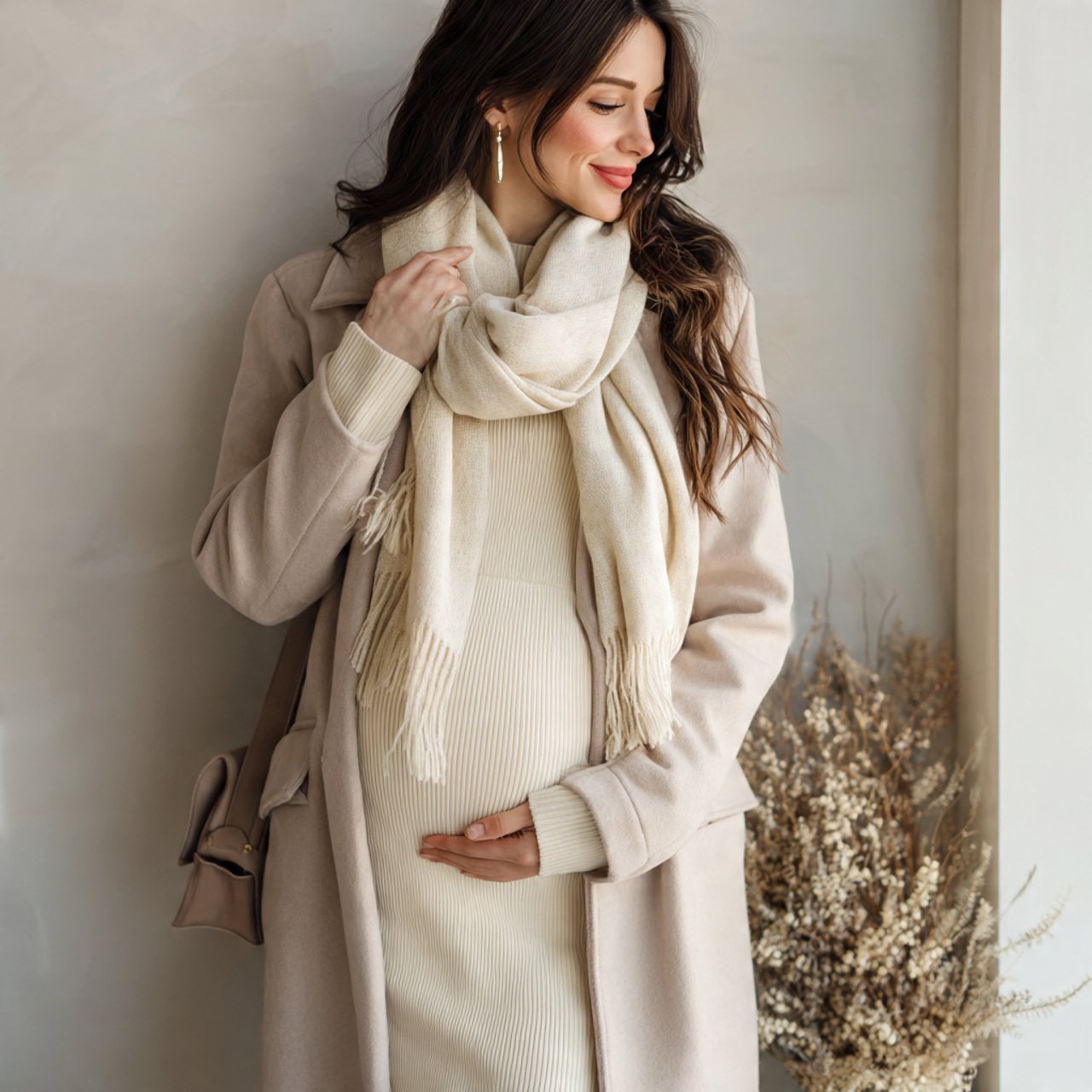 monochrome neutral set with a long coatcasual preg
