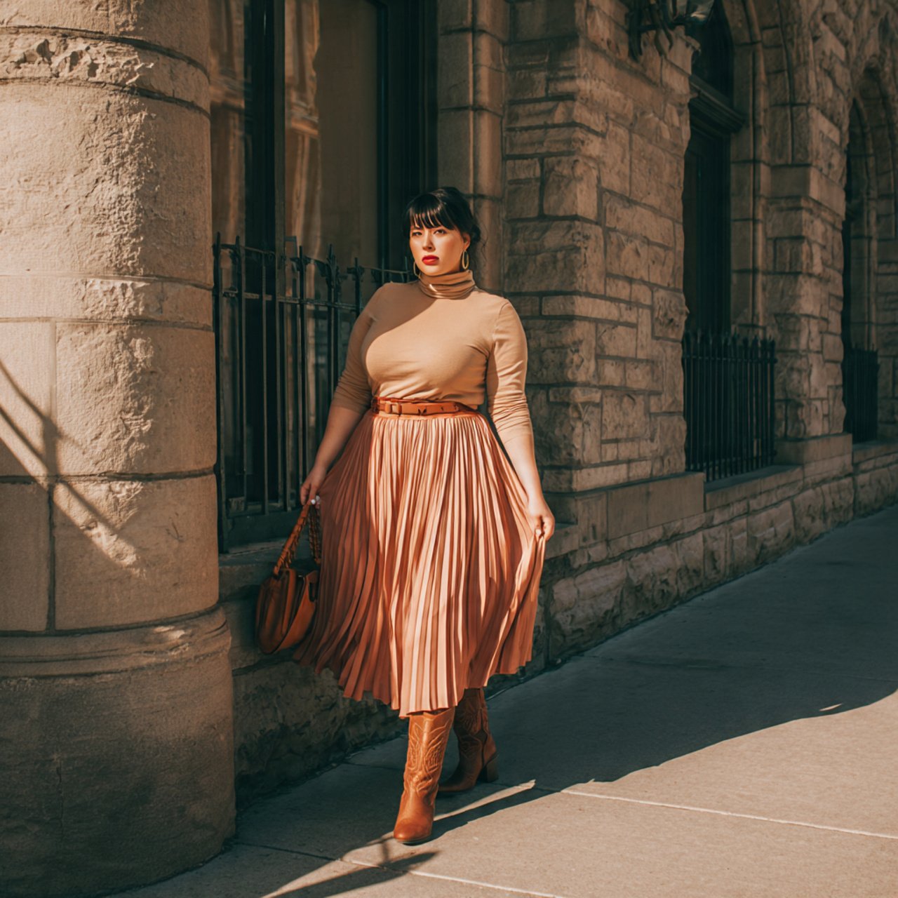 neutral turtleneck with pleated midi skirtwestern 1
