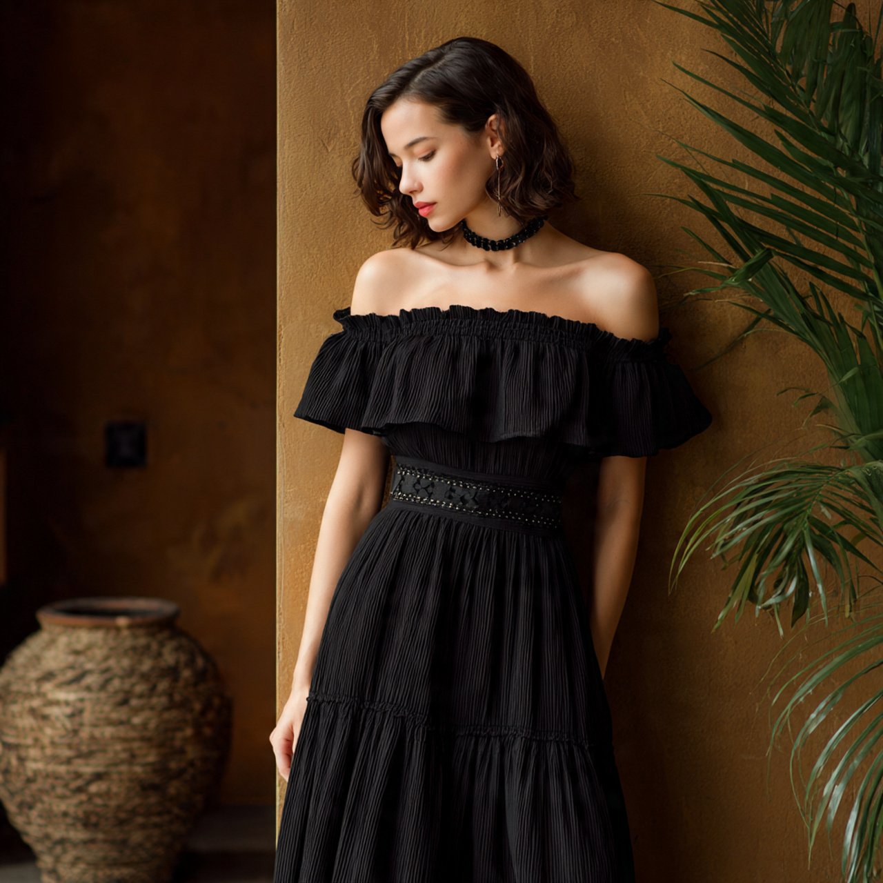 off shoulder column dress in black colour with coz