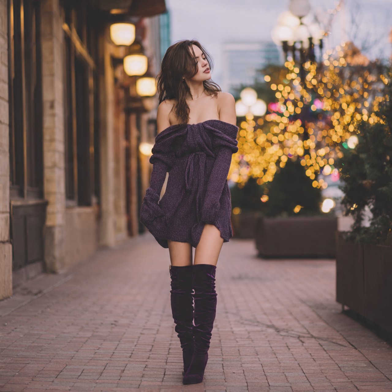 off shoulder knit dress with knee high bootsdate n
