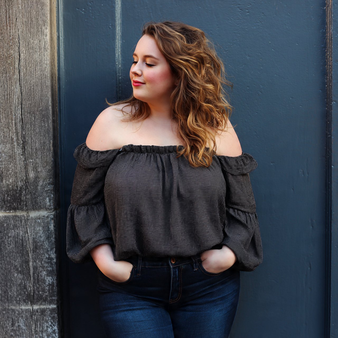 off shoulder top with dark flared jeanswestern out