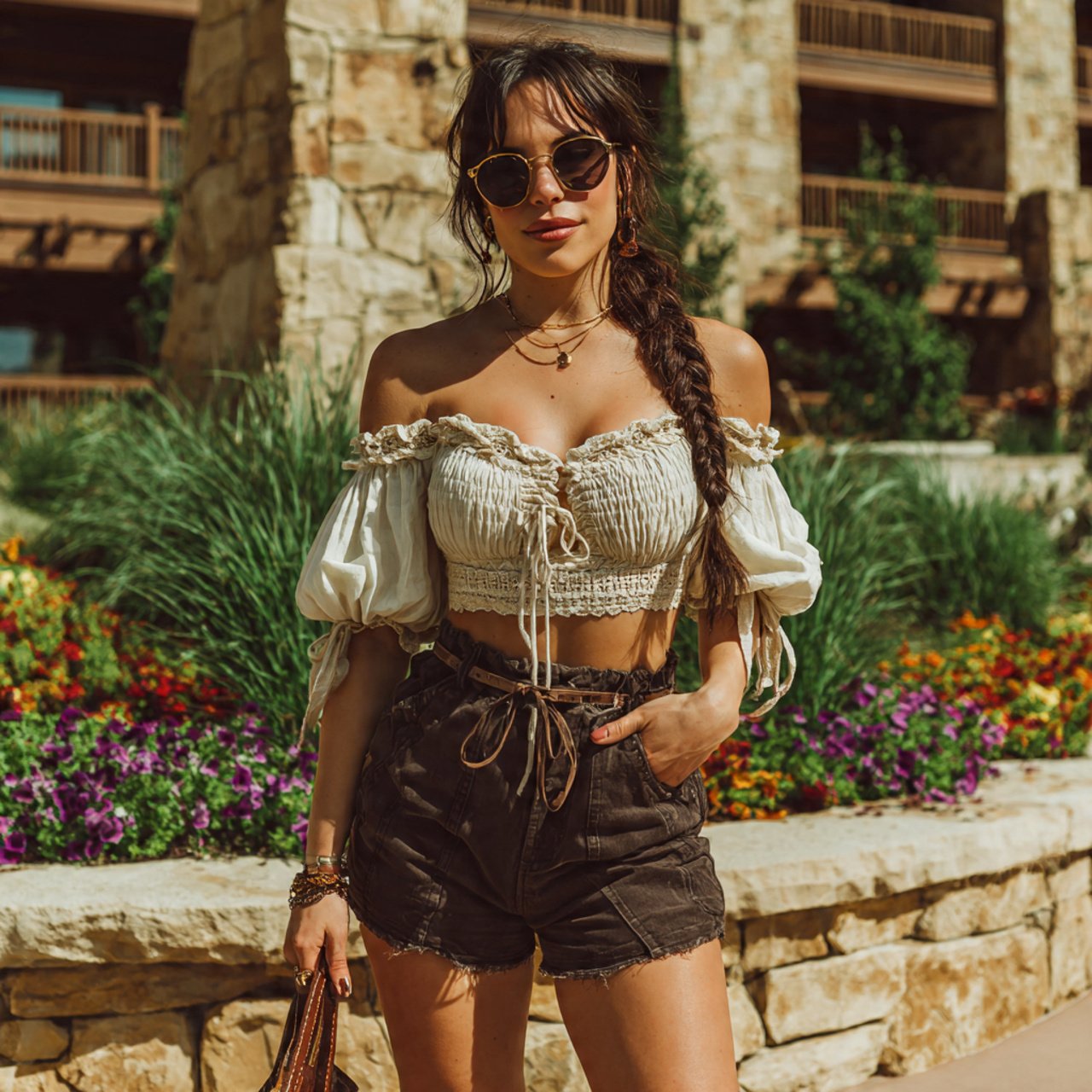 off shoulder top with dark shortswestern outfits w