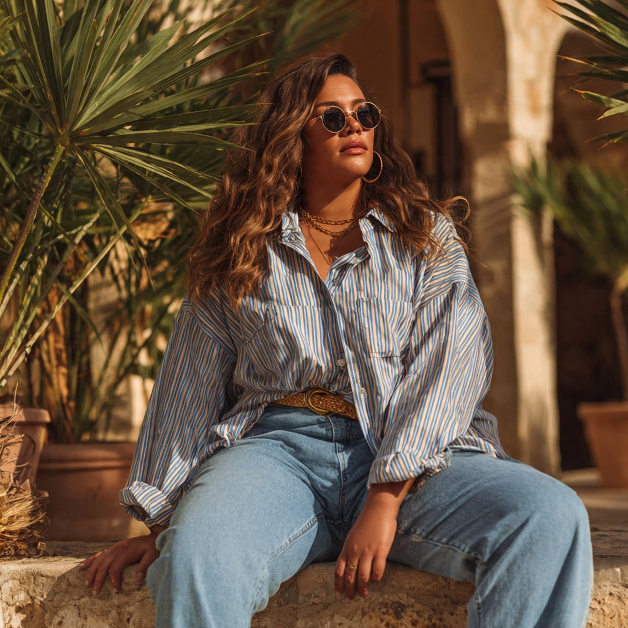 oversized striped shirt with relaxed blue jeanswes