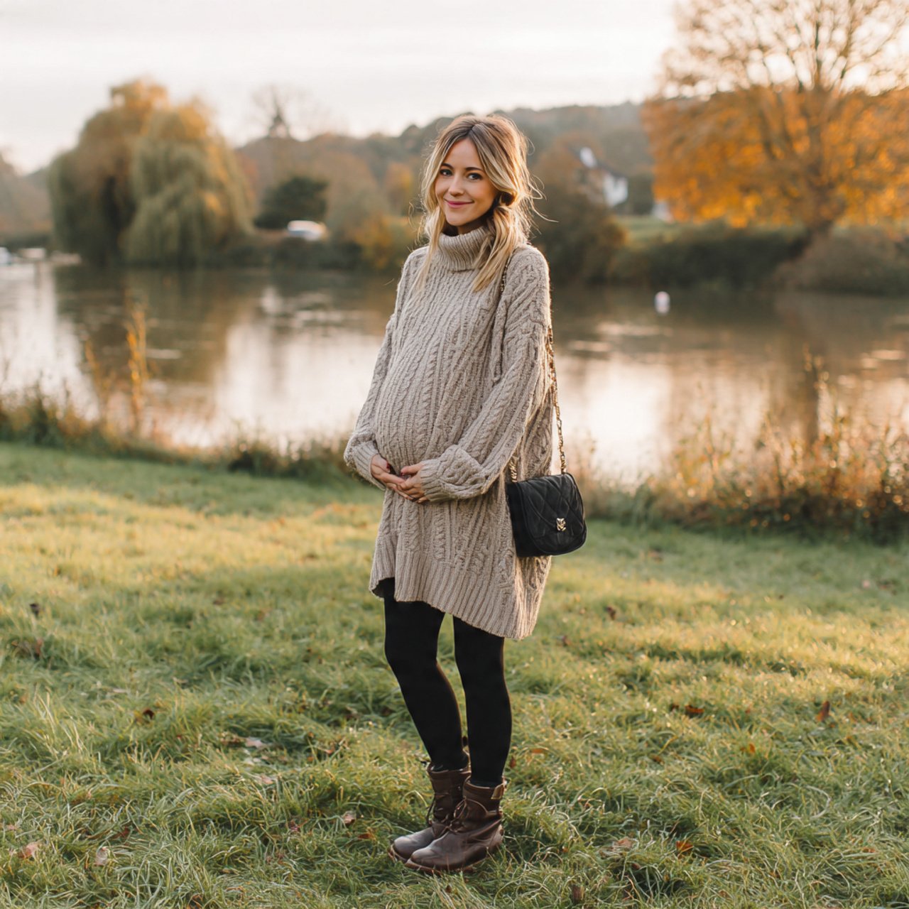 Pregnancy Outfits Winter: 16 Stylish and Practical Looks for Cold-Weather Comfort 2 oversized turtleneck with leggings and tall bootsp