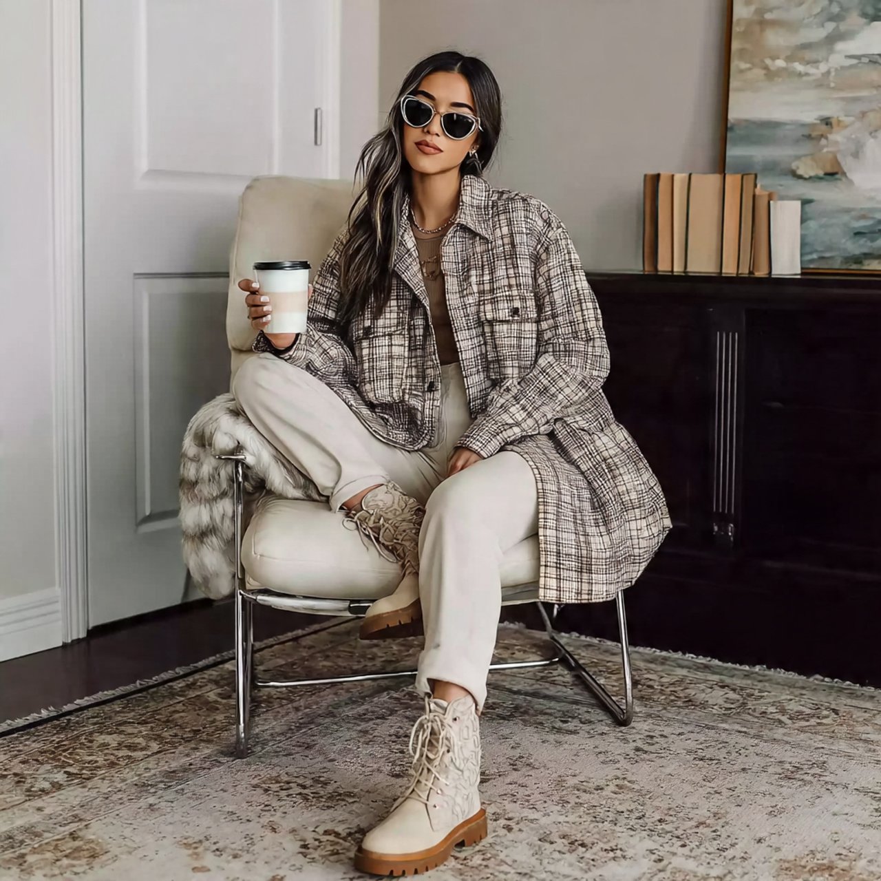 plaid shacket with slim trouserswestern outfits wo