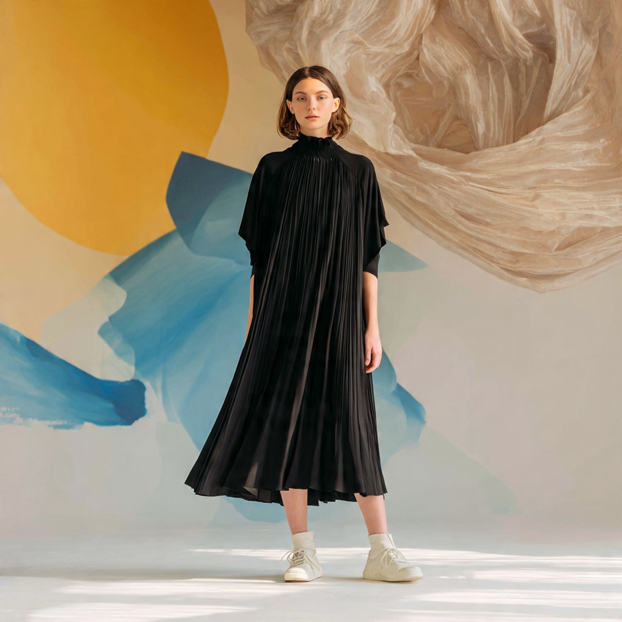 pleated dress with fluid movement in black colour