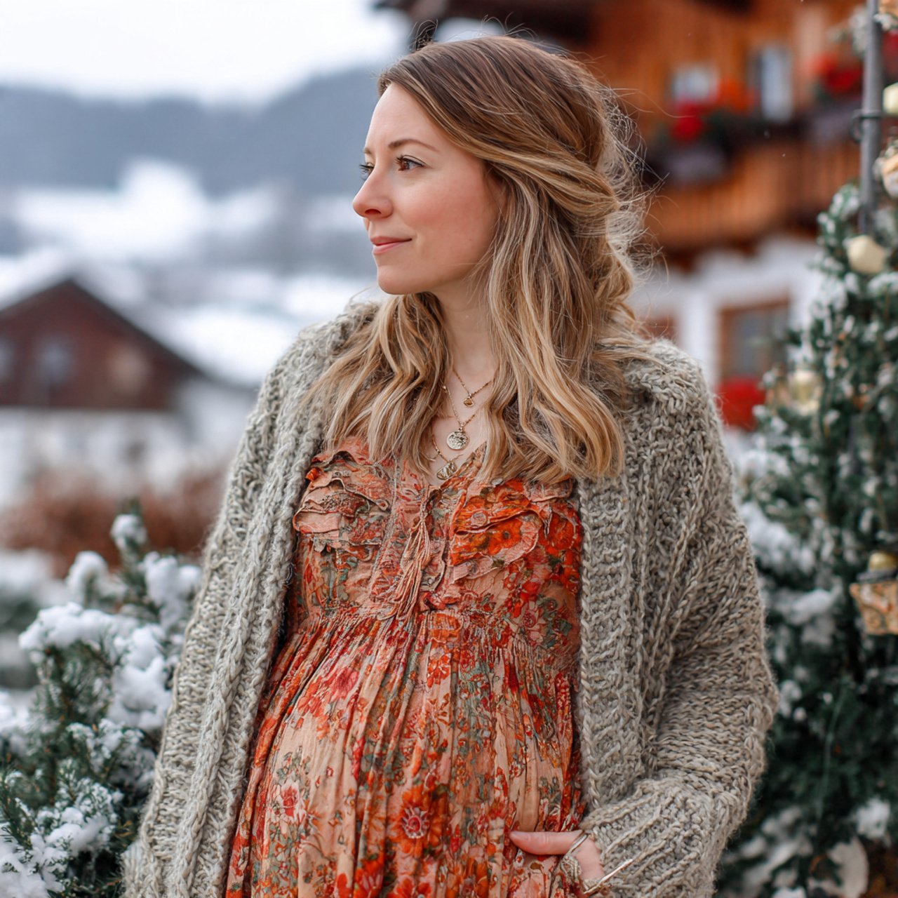 Pregnancy Outfits Winter: 16 Stylish and Practical Looks for Cold-Weather Comfort 16 printed maxi dress with chunky knit and wool coatp