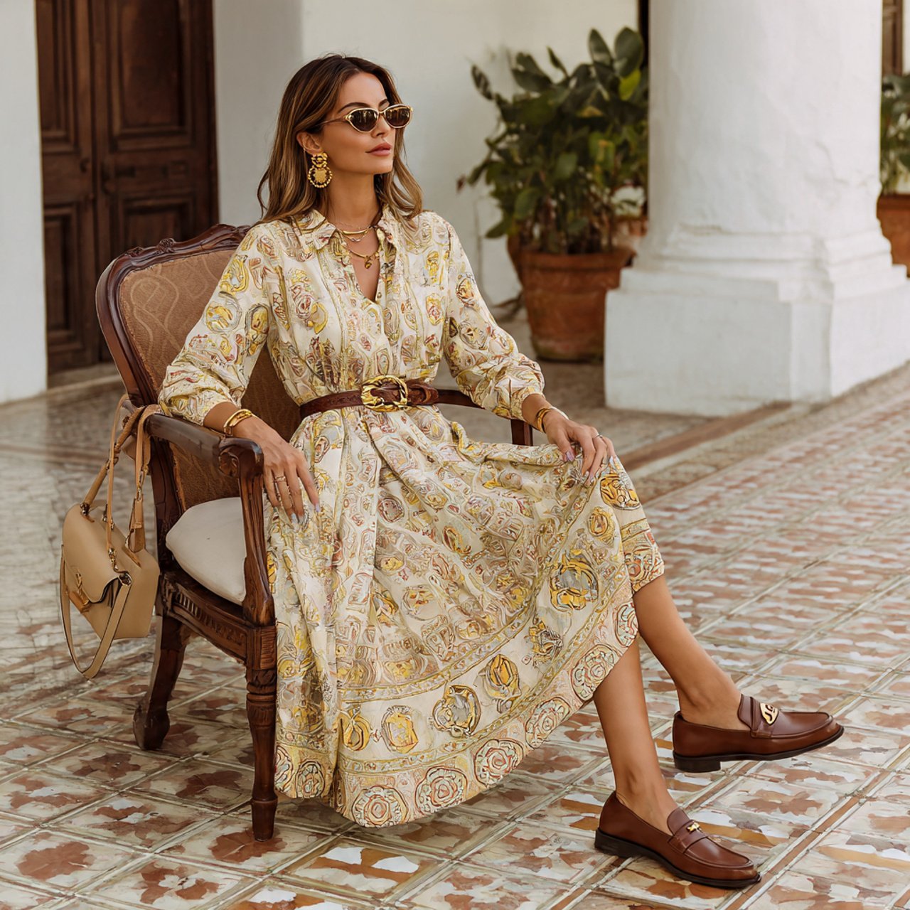 printed midi dress with loaferswestern outfits wom