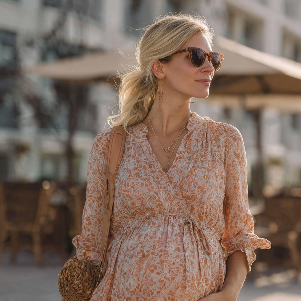 printed midi dress with minimal accessoriestpregna
