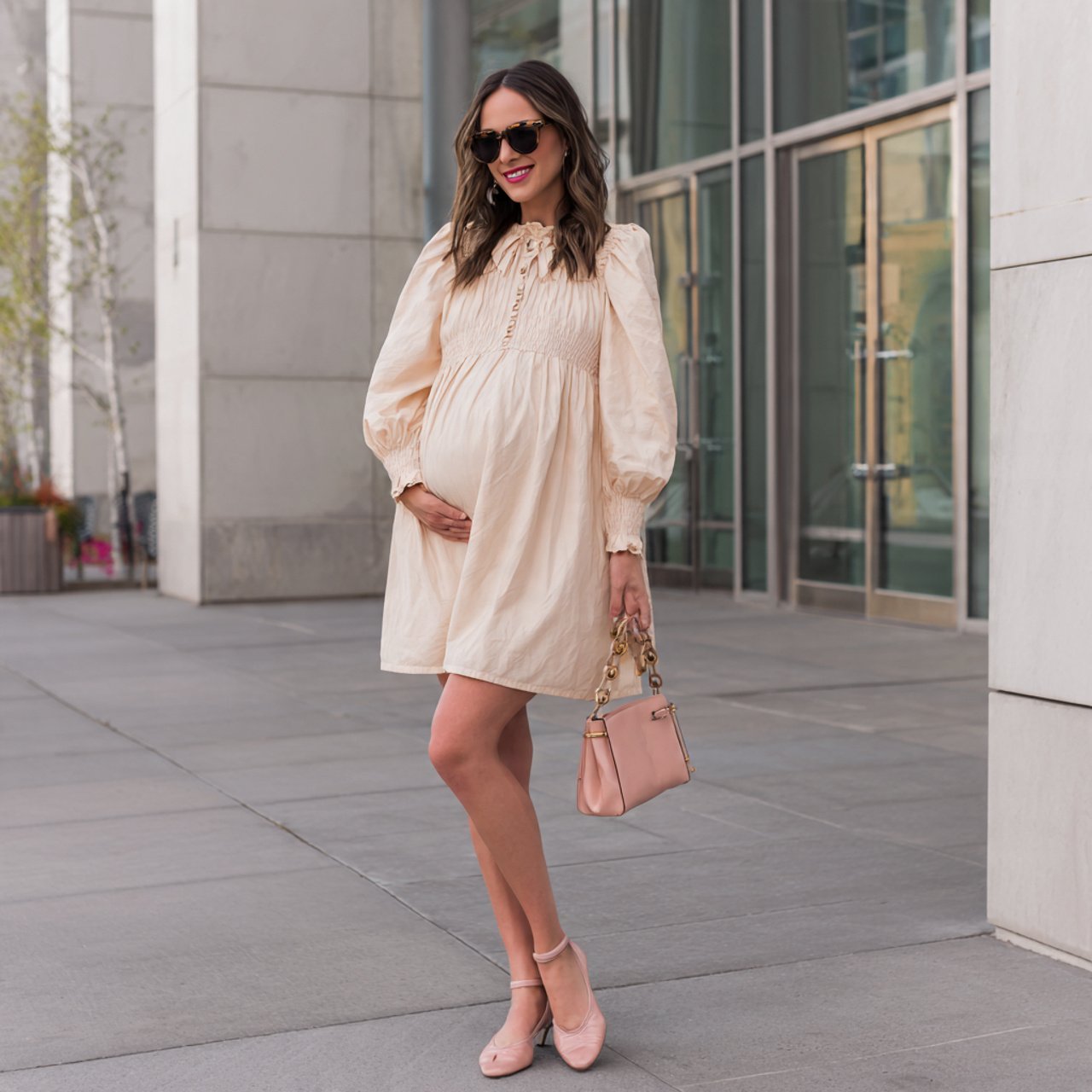 Cute Pregnancy Outfits: 17 Stylish Looks That Feel Comfortable, Flattering, and Easy to Wear 8 puff sleeve dress with ballet flatscute pregnancy