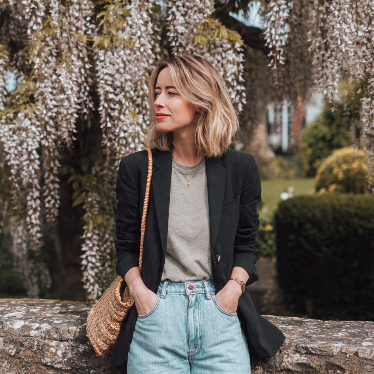 relaxed blazer with tee and wide leg denimcomfy sp