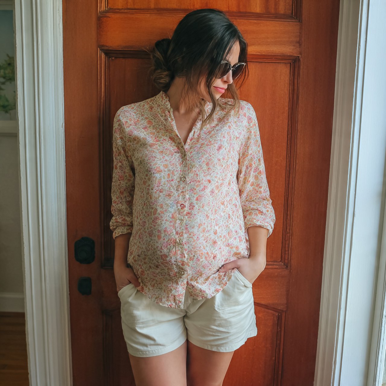 relaxed button down with maternity shortspregnancy