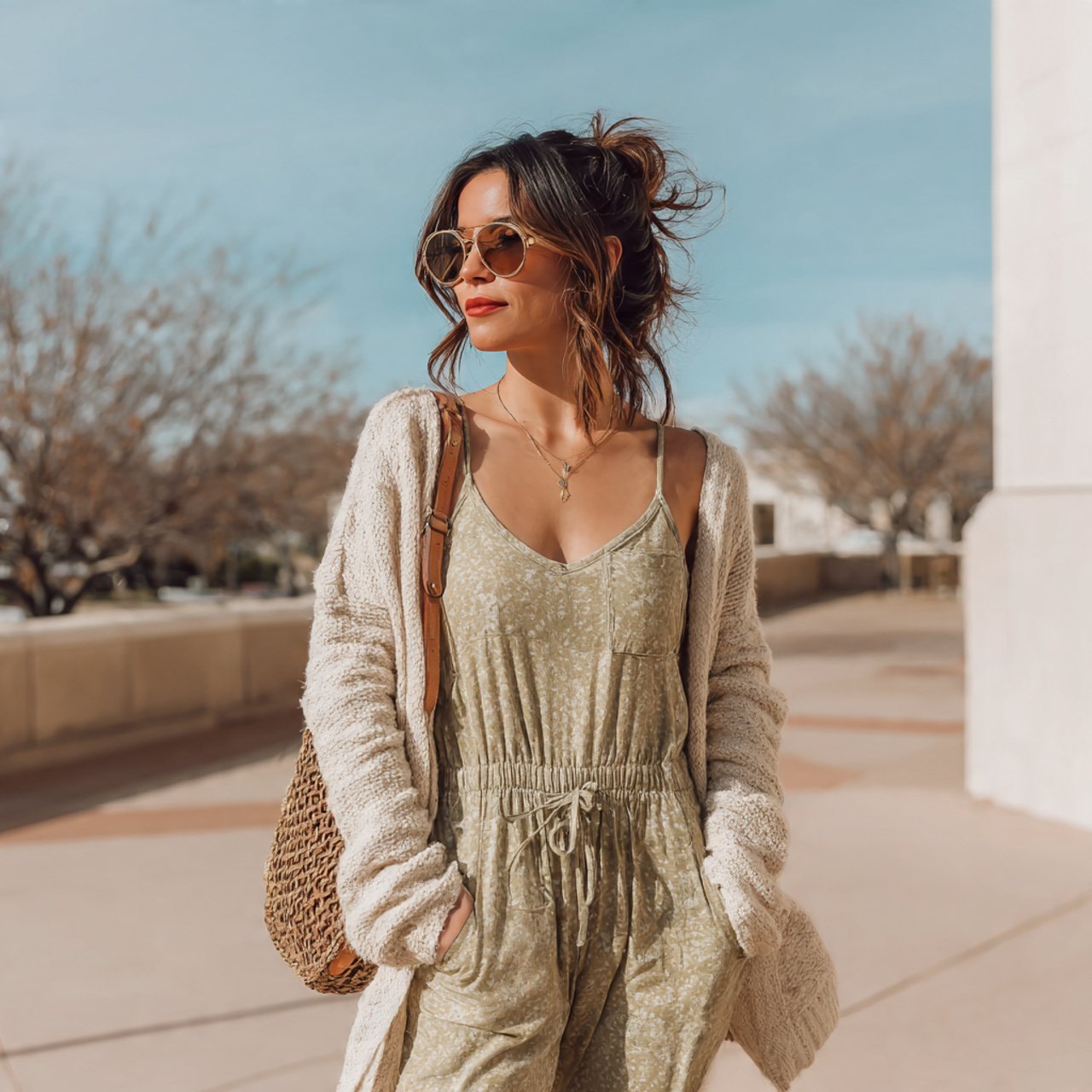 relaxed jumpsuit with light cardigancomfy spring o