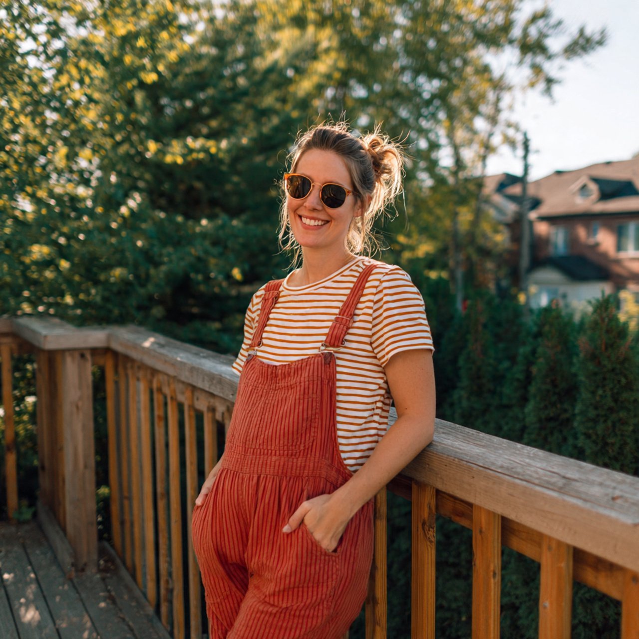 relaxed overalls with a striped teecasual pregnanc