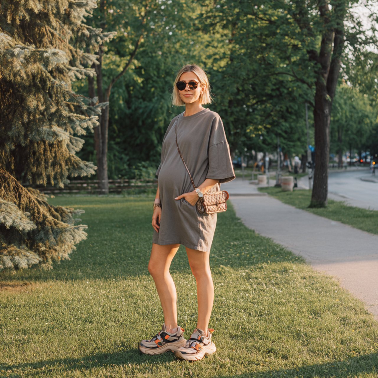 relaxed t shirt dress with sporty sandalspregnancy