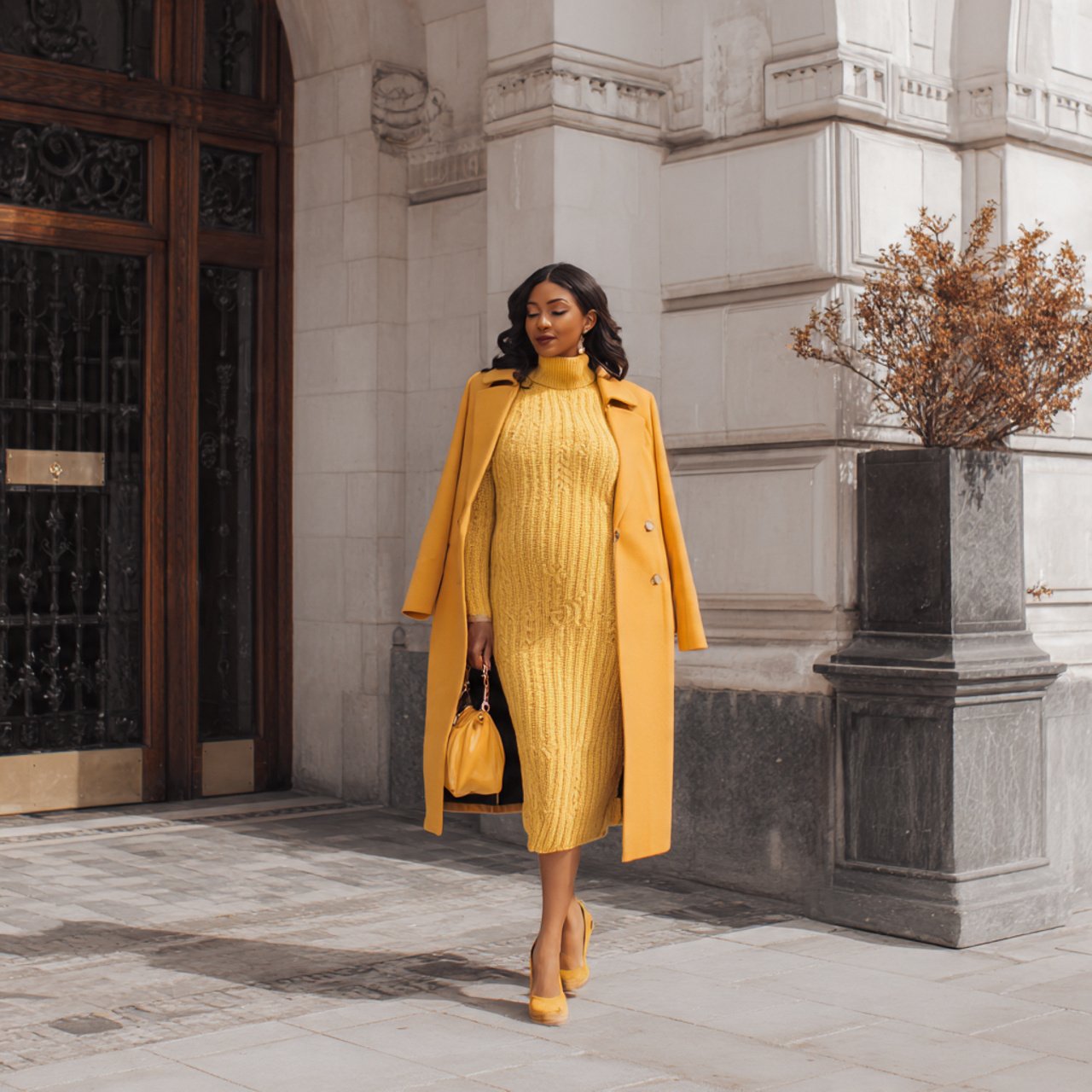Pregnancy Outfits Winter: 16 Stylish and Practical Looks for Cold-Weather Comfort 1 ribbed knit midi dress with long coatpregnancy out