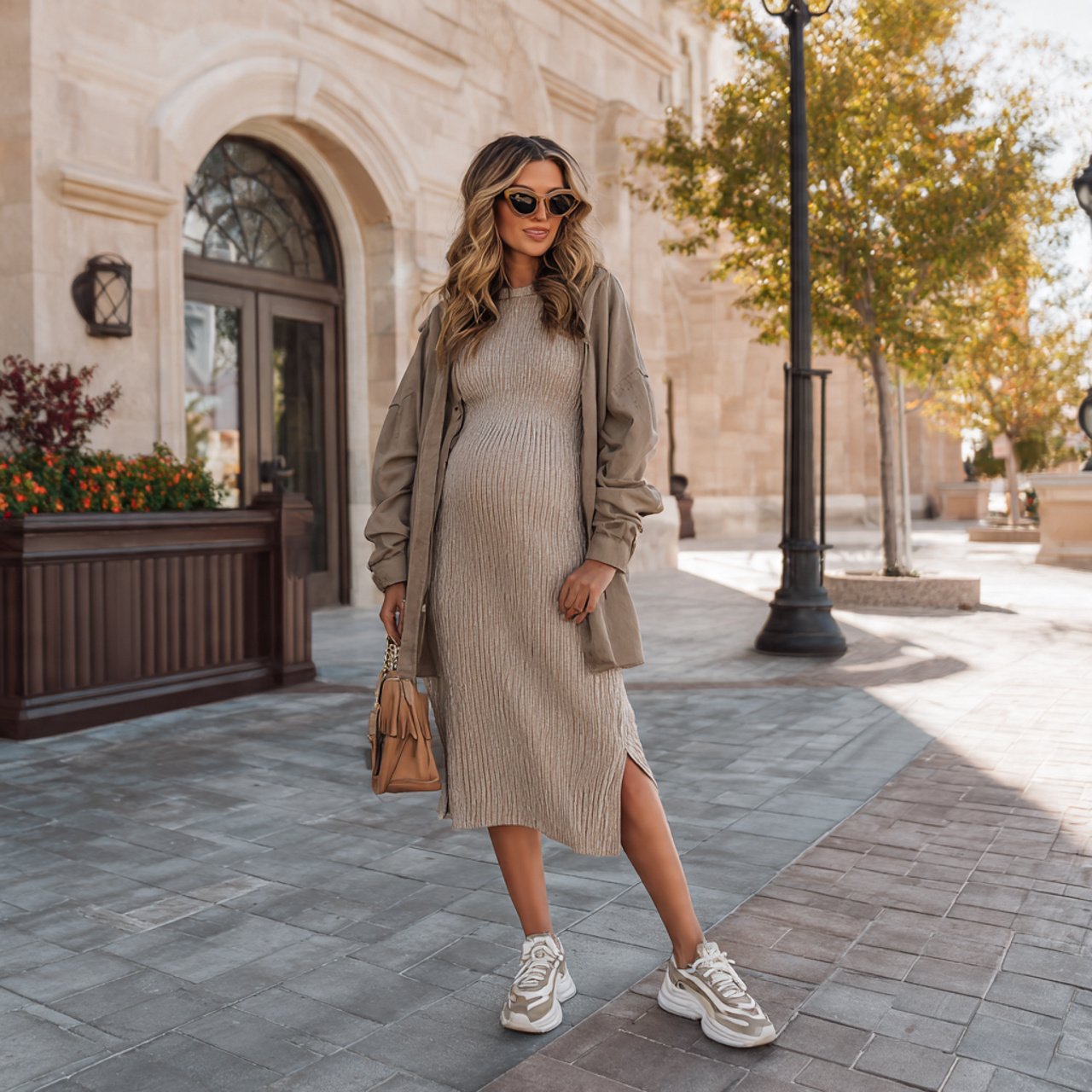 ribbed midi dress with oversized shirtspring pregn 1