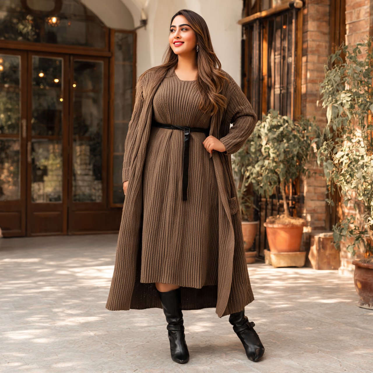 ribbed midi knit dress with long coatwestern outfi
