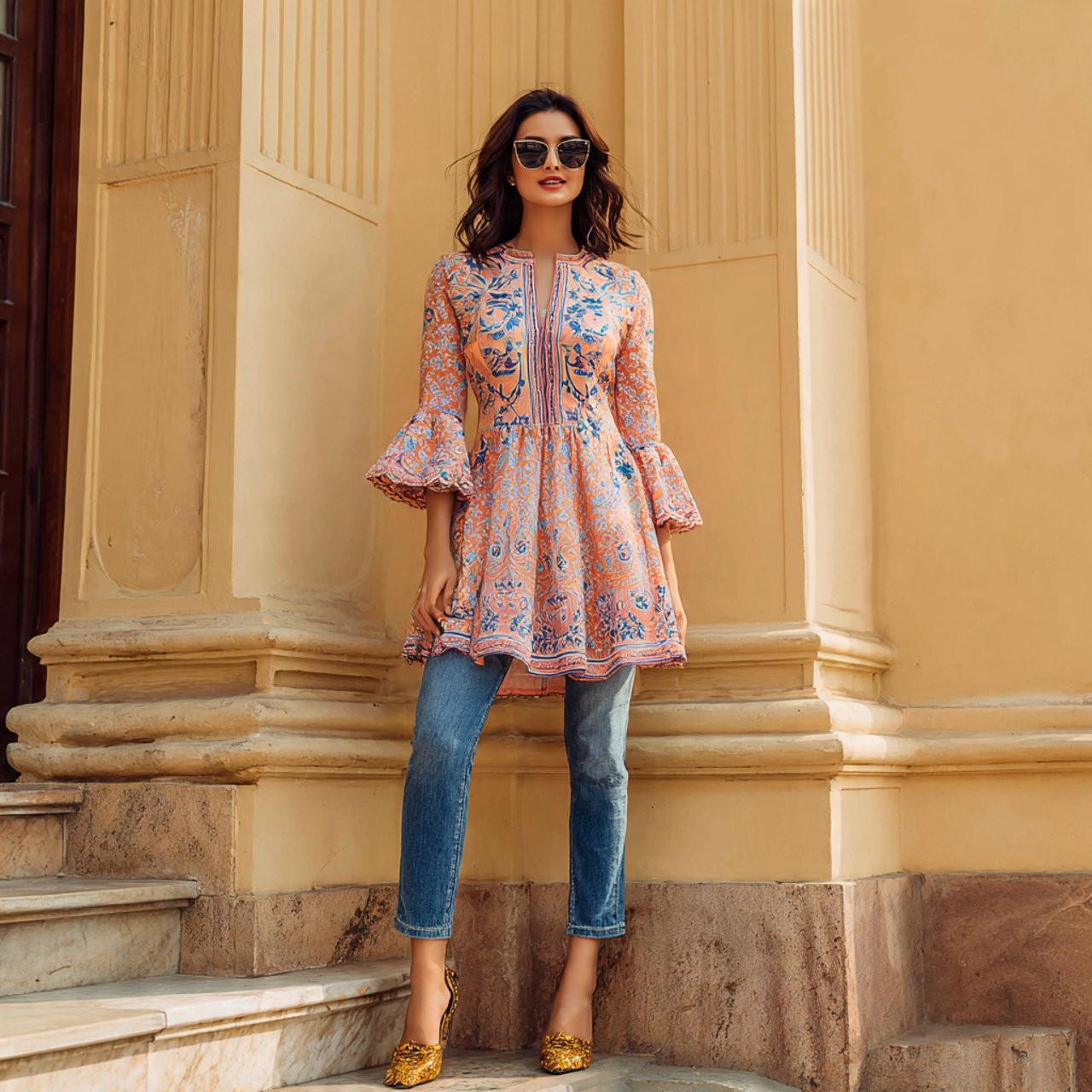 short kurti with flared jeanslatest indo western o