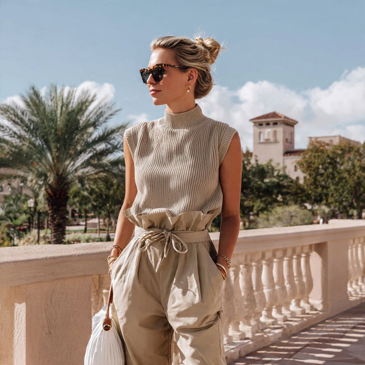 sleeveless knit with paperbag pantscomfy spring ou 1