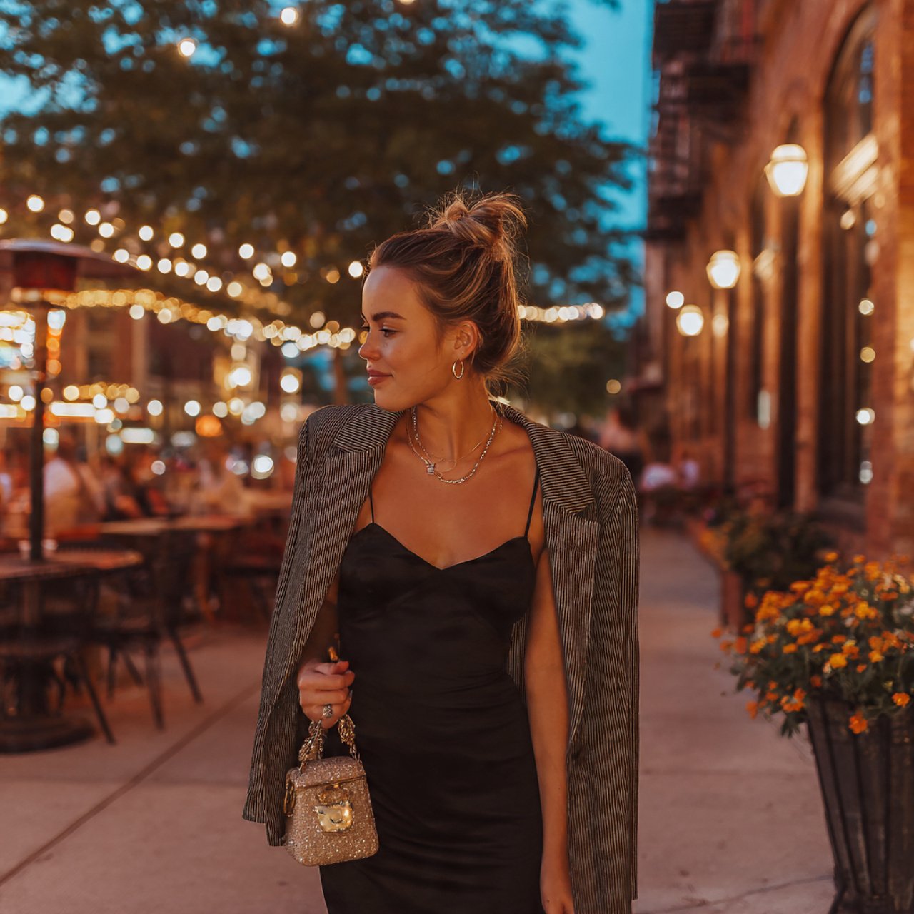 slip dress with a cropped blazerdate night outfit