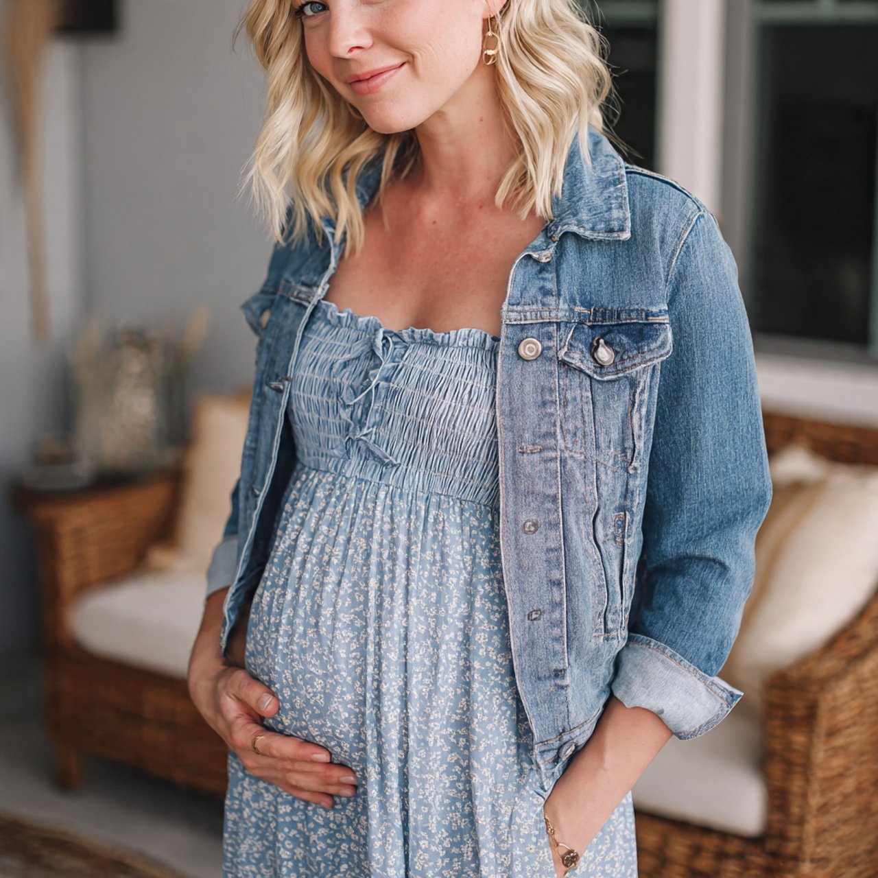 Cute Pregnancy Outfits: 17 Stylish Looks That Feel Comfortable, Flattering, and Easy to Wear 4 smocked maxi dress with cropped denim jacketcute p