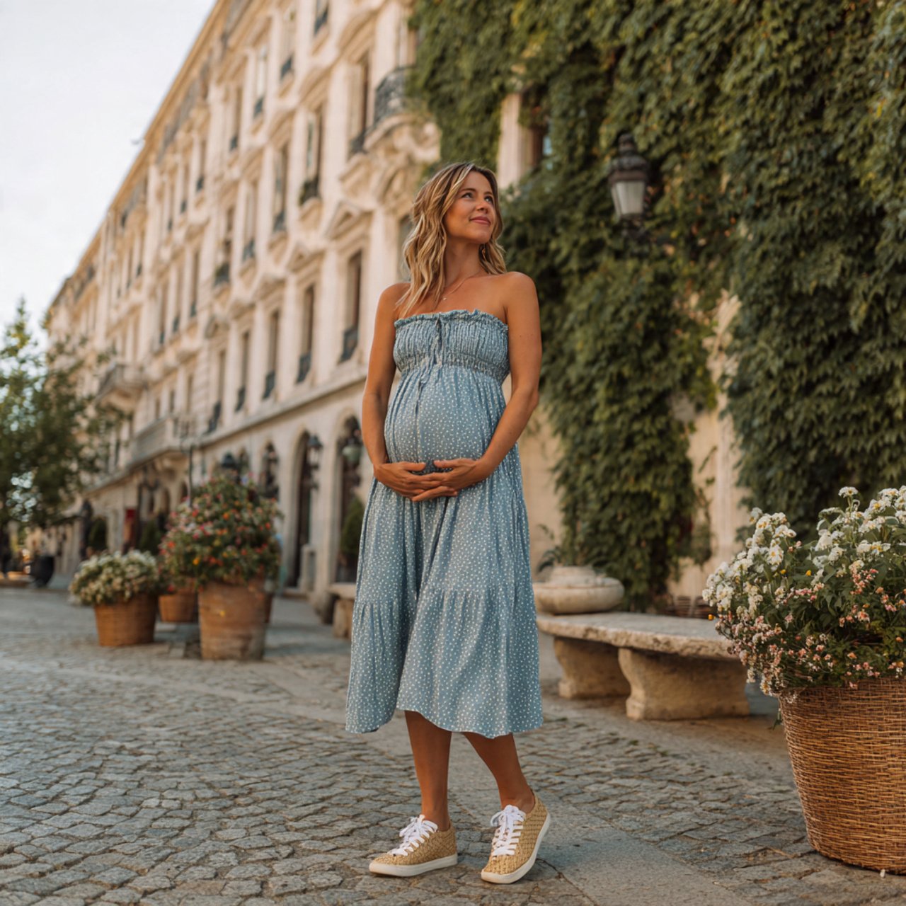smocked midi dress with espadrillespregnancy outfi