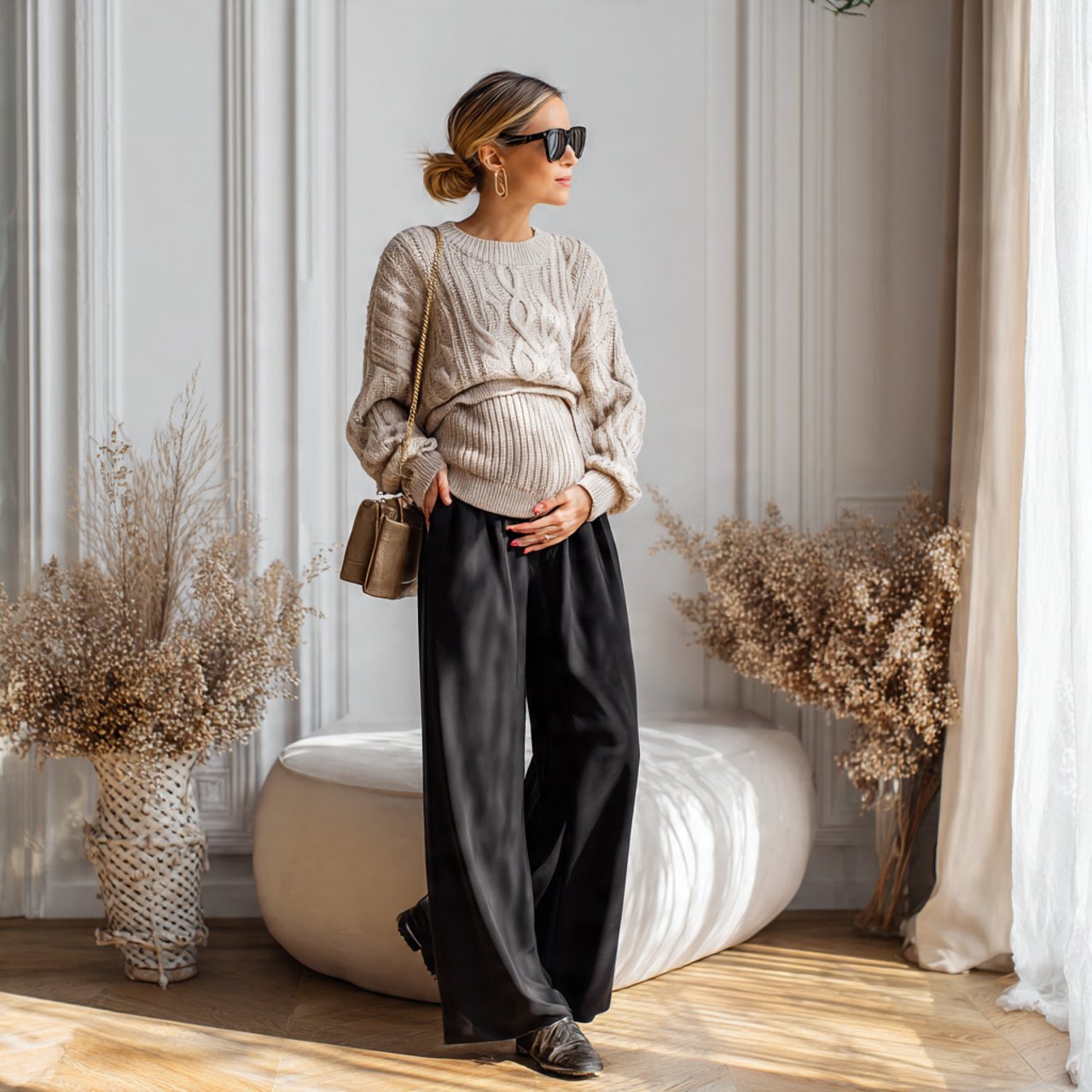 Cute Pregnancy Outfits: 17 Stylish Looks That Feel Comfortable, Flattering, and Easy to Wear 3 soft knit top with wide leg trouserscute pregnancy