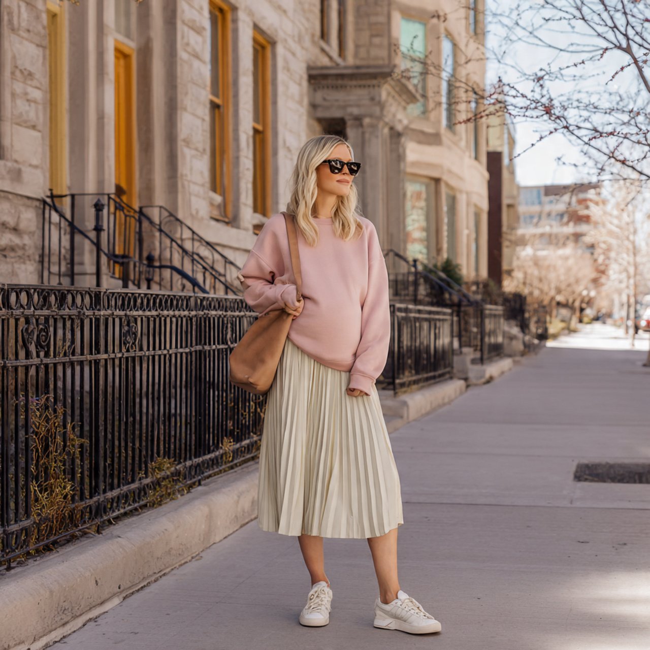 Cute Pregnancy Outfits: 17 Stylish Looks That Feel Comfortable, Flattering, and Easy to Wear 18 soft sweatshirt with pleated midi skirtcute pregna