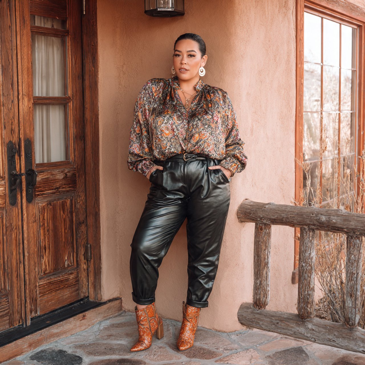 statement blouse with faux leather straight pantsw
