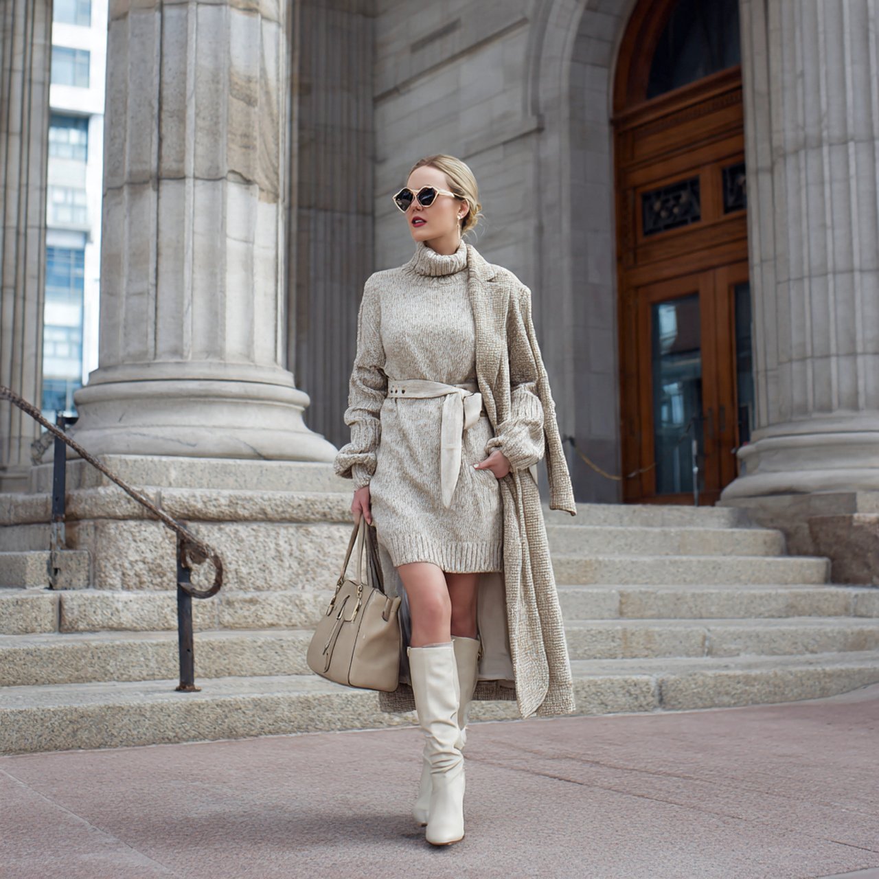 sweater dress with belted coat