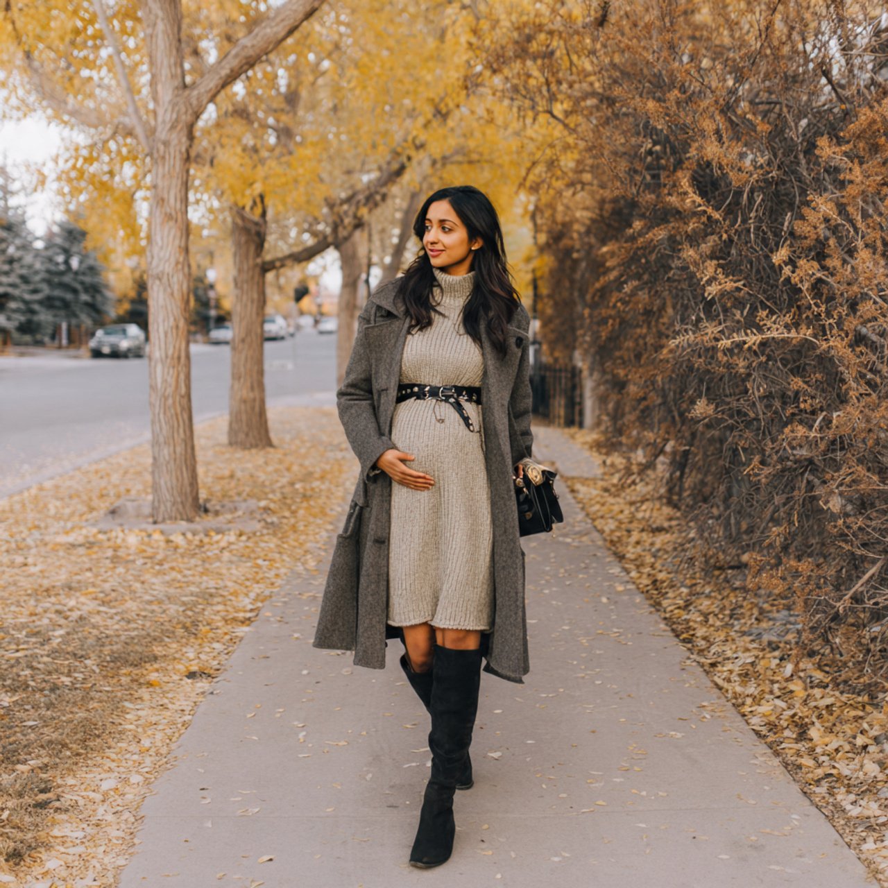 Pregnancy Outfits Winter: 16 Stylish and Practical Looks for Cold-Weather Comfort 5 sweater dress with tall boots and soft belted coat 1