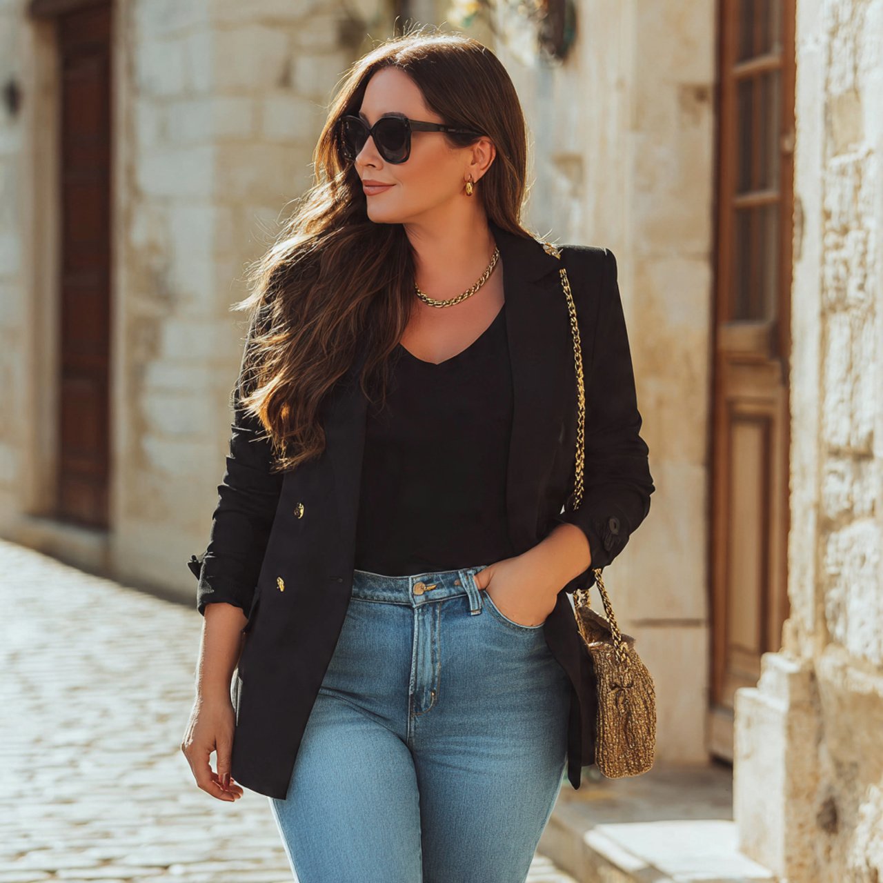 tailored black blazer with straight leg blue jeans