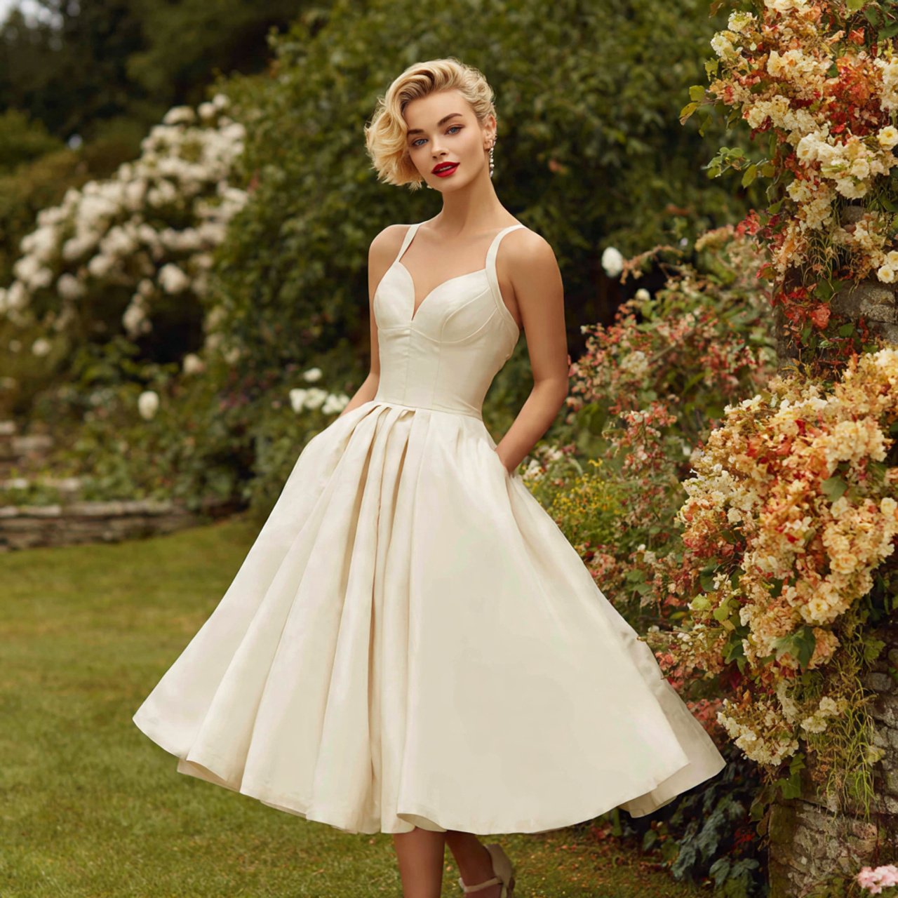 tea length dress with full skirt in wedding backgr