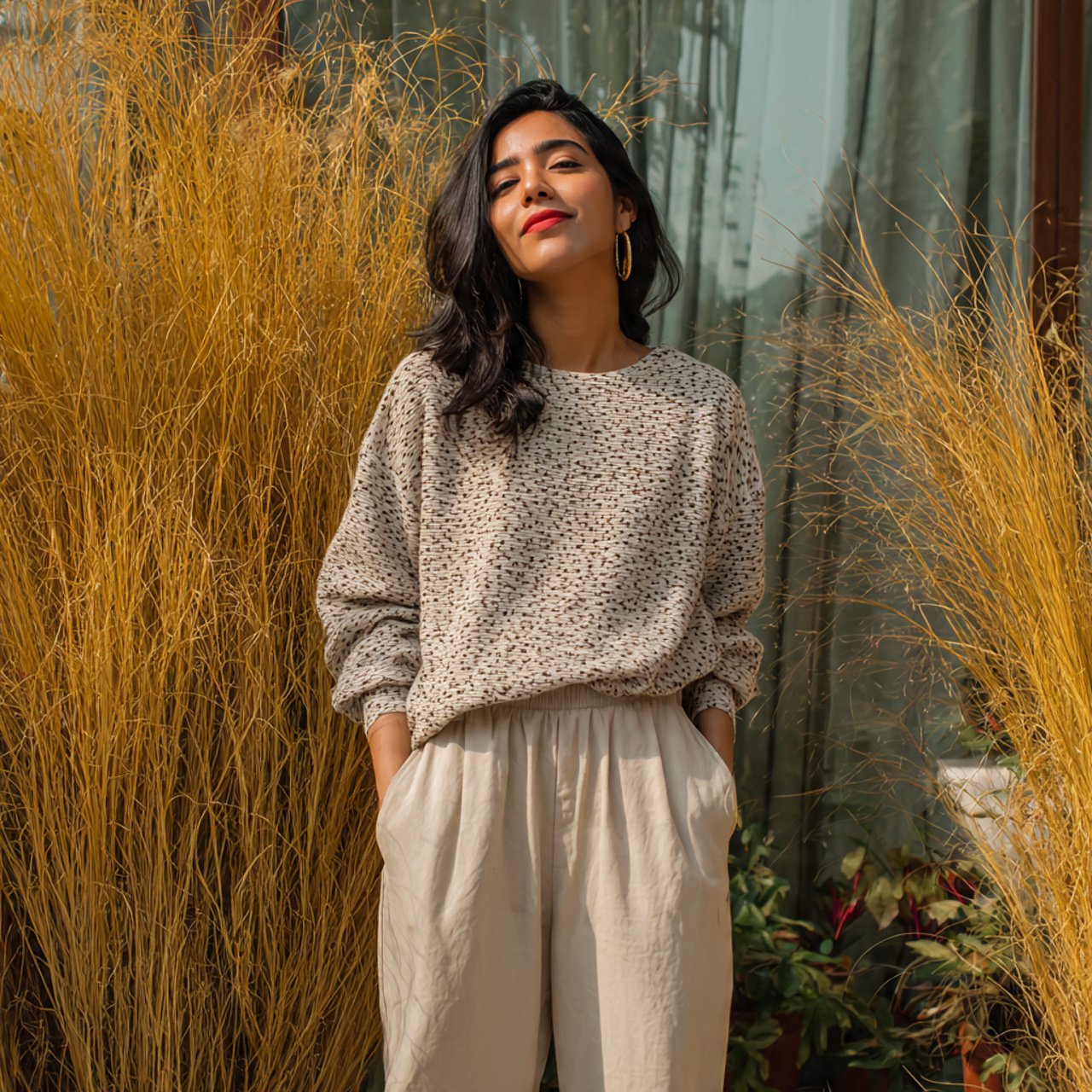 textured top with relaxed trousersdate night outfi