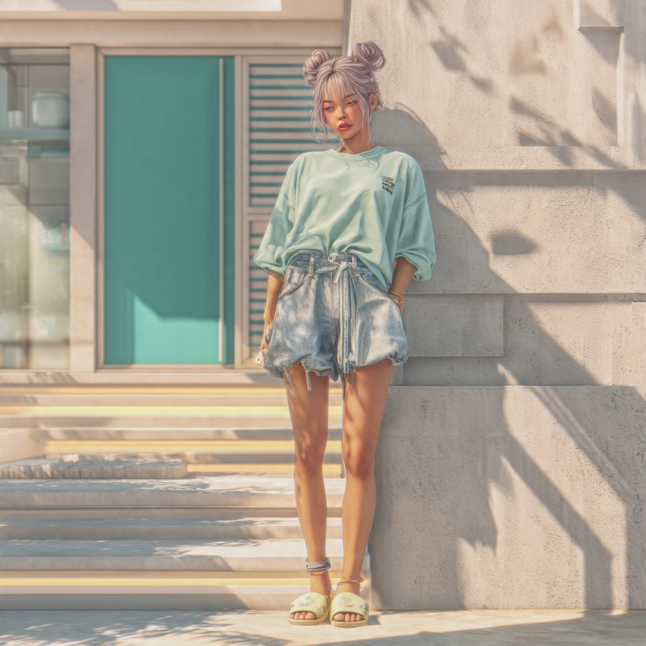 the clean tee soft denim and house slidescomfy out 5