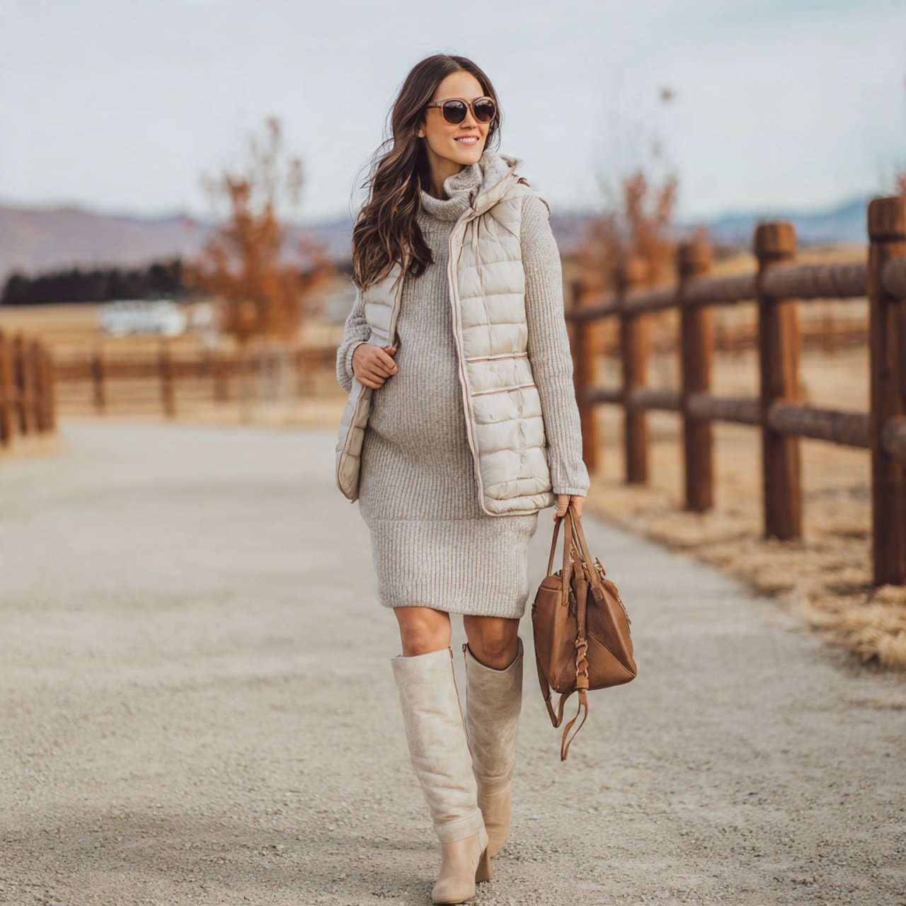 Pregnancy Outfits Winter: 16 Stylish and Practical Looks for Cold-Weather Comfort 14 thermal dress with quilted vest and bootspregnancy