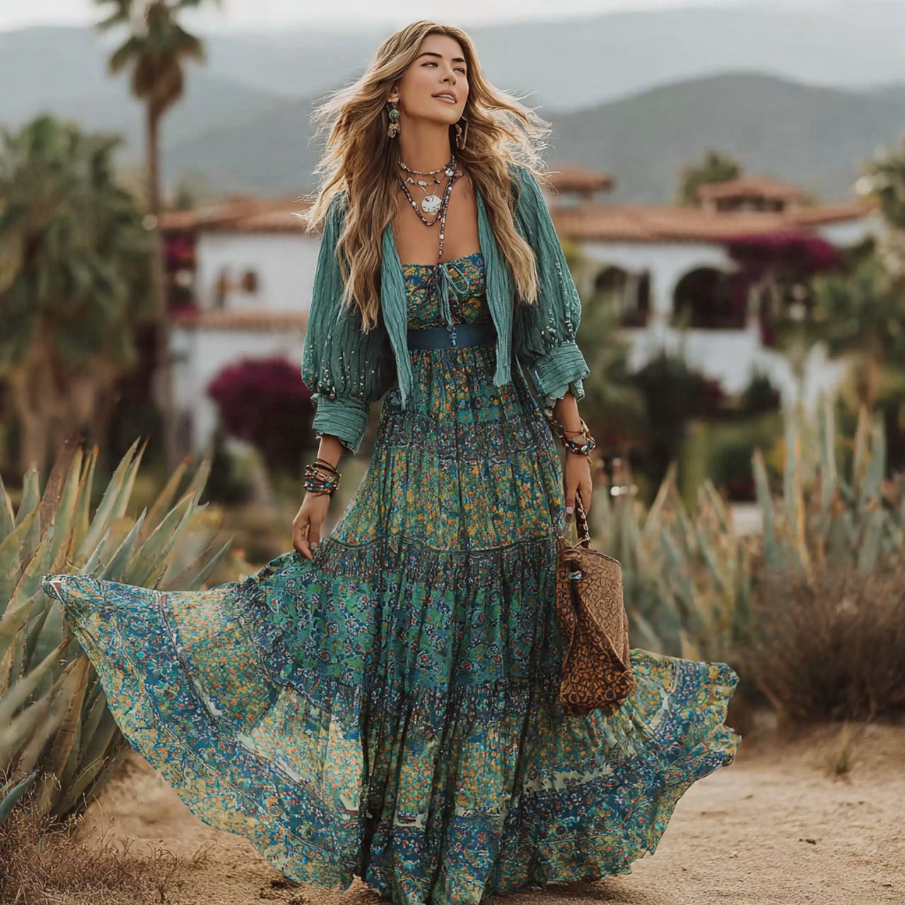 tiered boho maxi dress with cropped jacketwestern