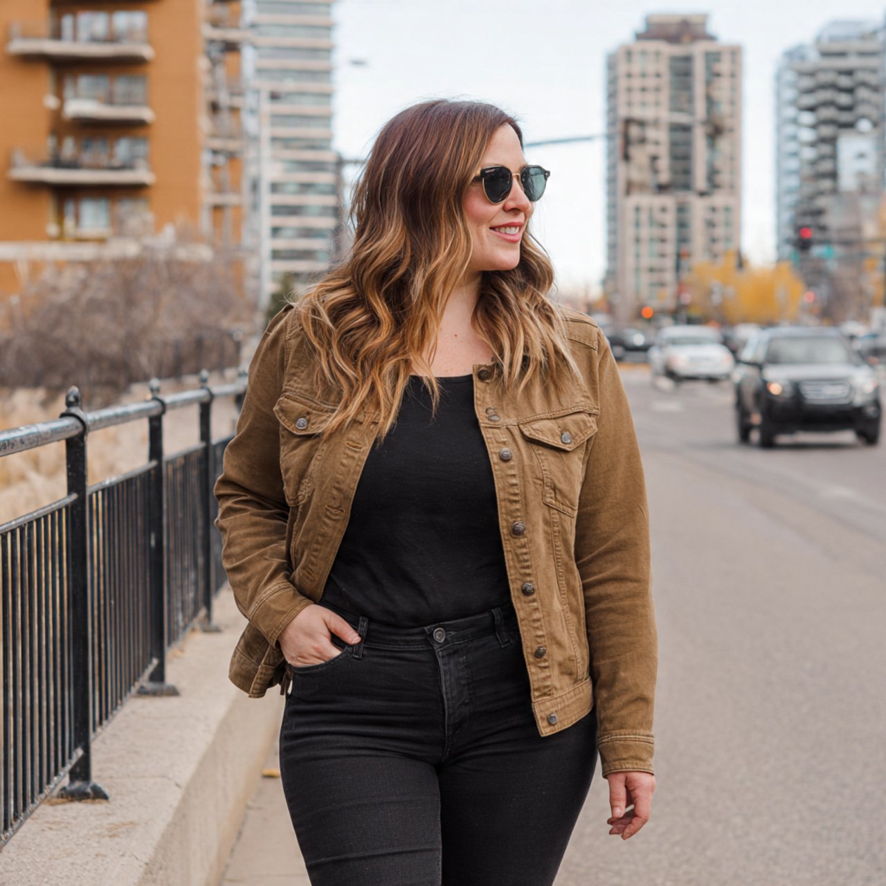 utility jacket with black jeans and a fitted teewe