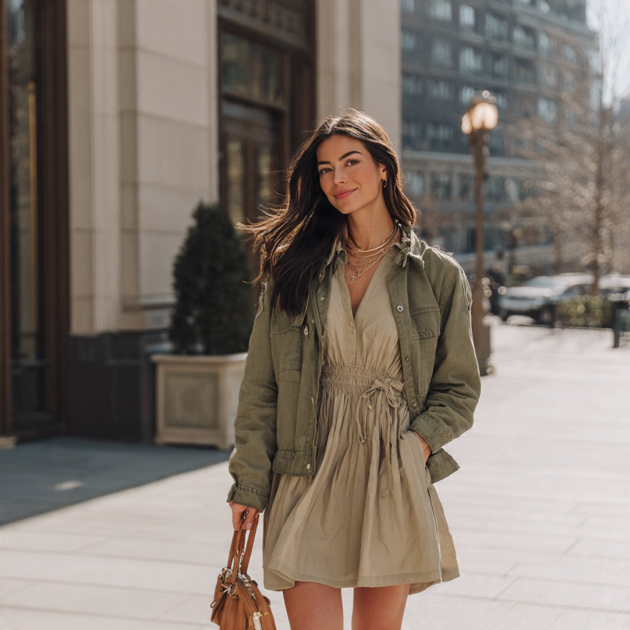 utility jacket with jersey dresscomfy spring outfi