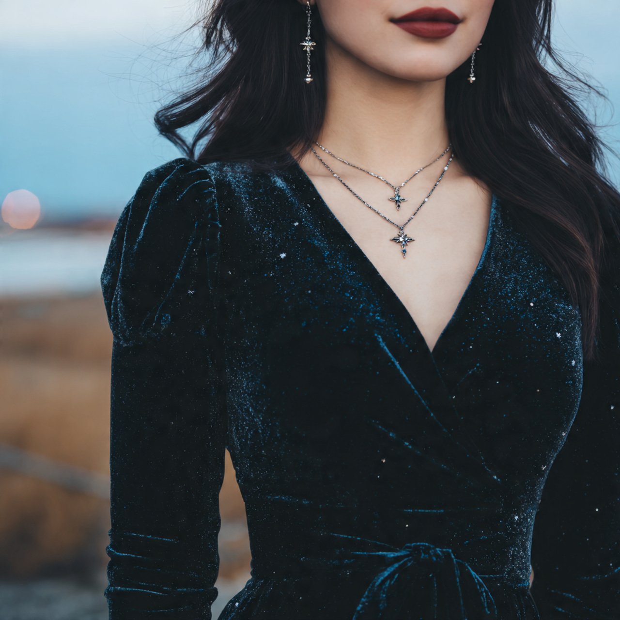 velvet midi dress with minimal jewelrywestern outf