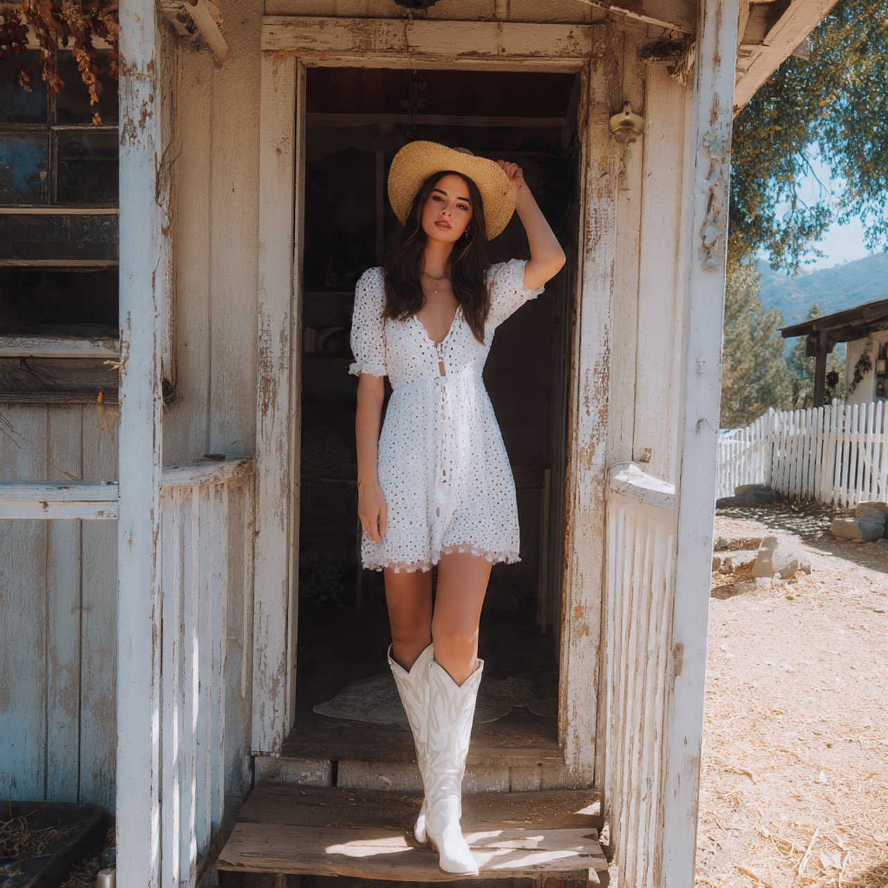white eyelet dress with bootswestern outfits women