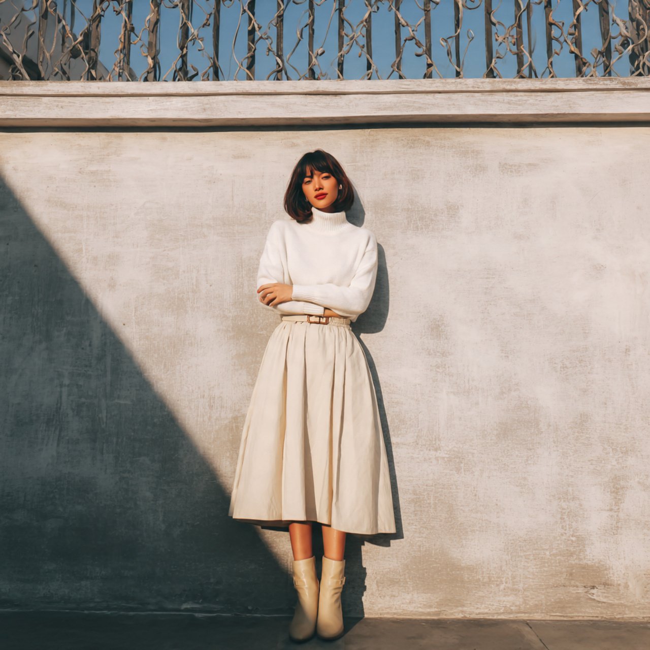 white shirt sweater and midi skirtwestern outfits