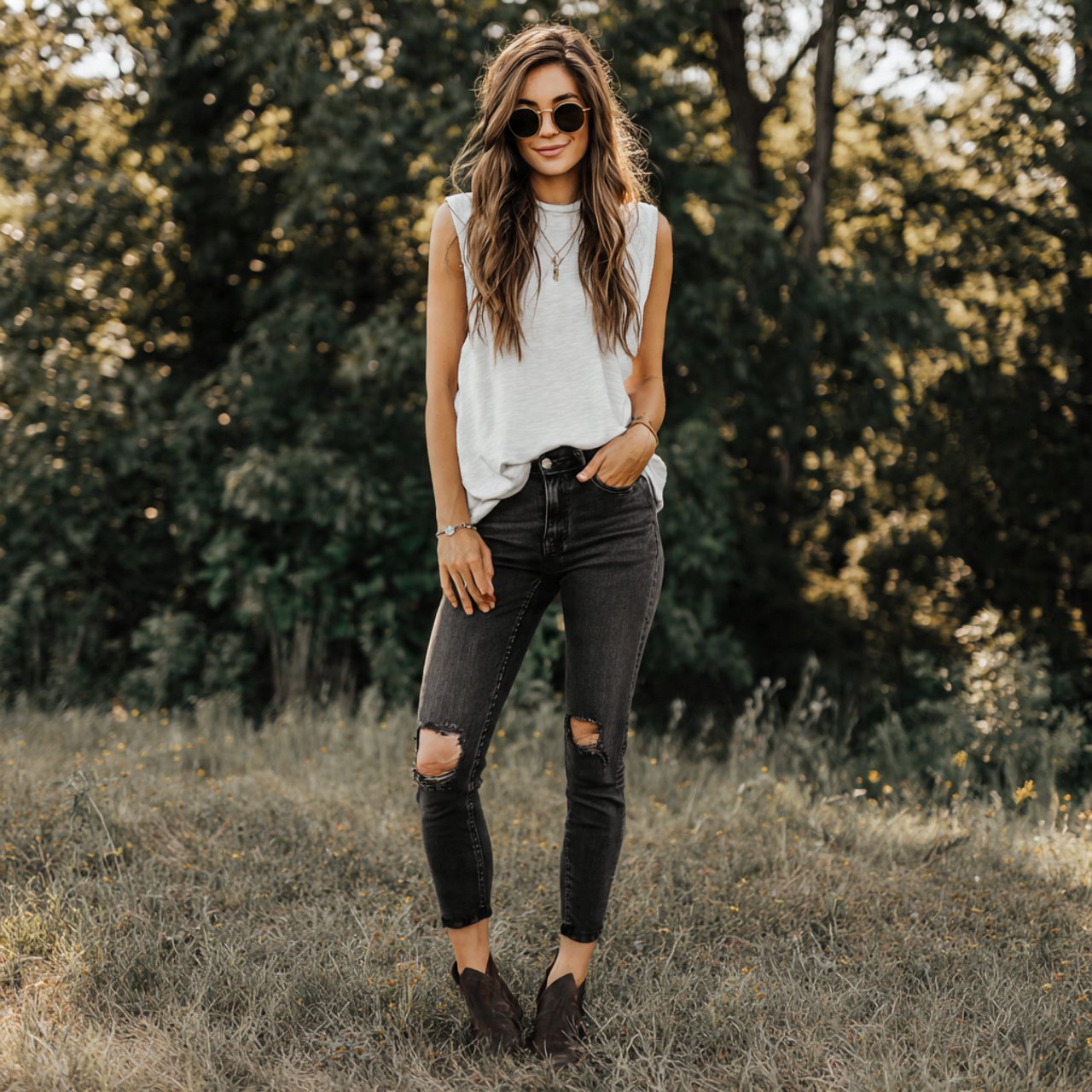 white sleeveless tee with washed black jeanswester